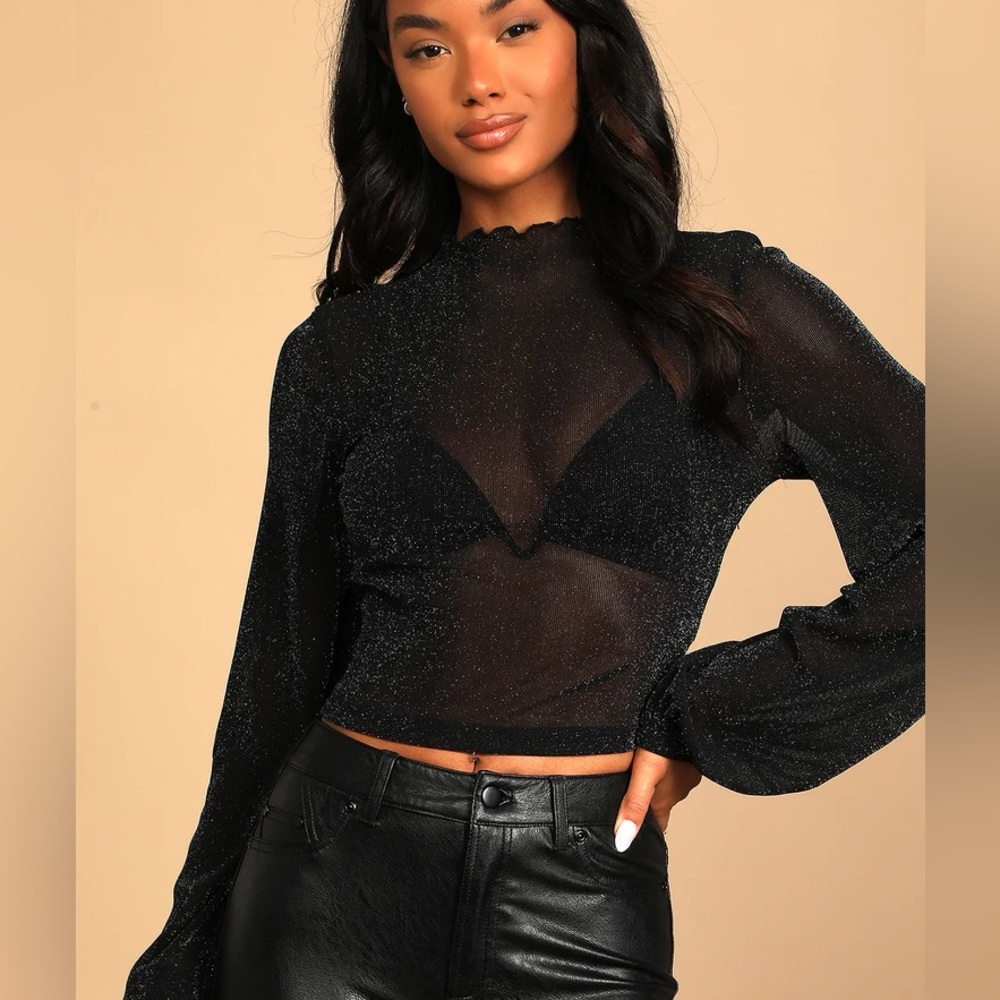 NWOT Lulu's Black Glitter Sheer Mesh Crop Top Size Small Never Worn